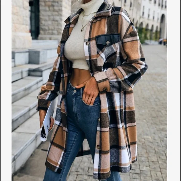 Cozy Plaid Print Button Up Oversized LIGHT Jacket Shacket Top - Picture 2 of 7
